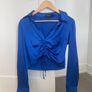 Aritzia Blue Satin Drawstring Blouse